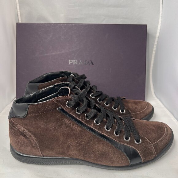 PRADA High Top laced Up Sneaker Suede Brown size 10.5 - Picture 1 of 14